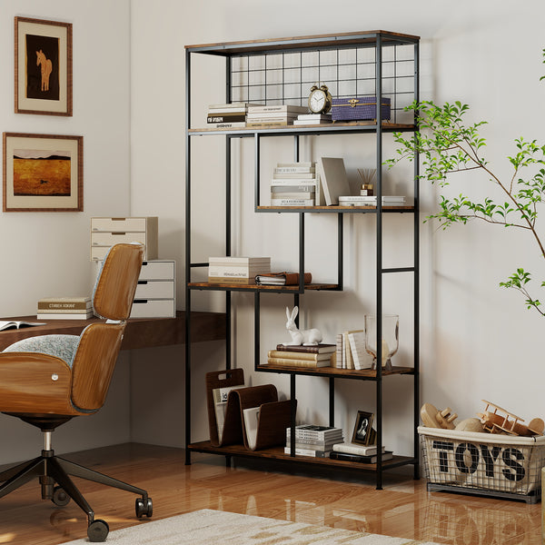 6-tier Tall Bookshelf, Industrial Freestanding Plant Stand with Metal Net