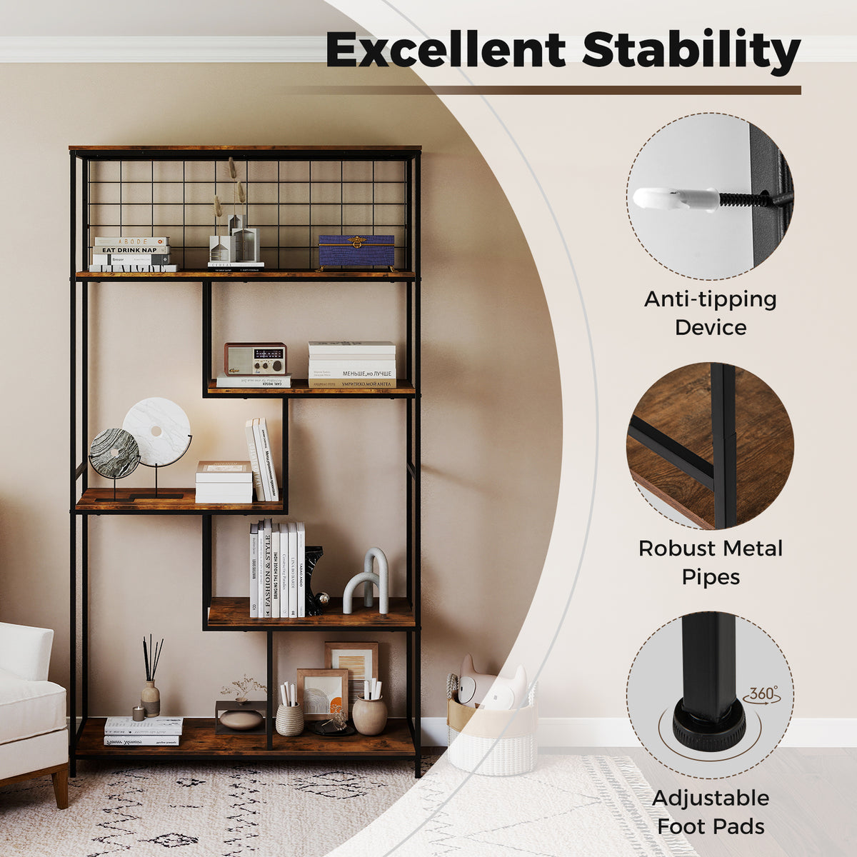 6-tier Tall Bookshelf, Industrial Freestanding Plant Stand with Metal Net
