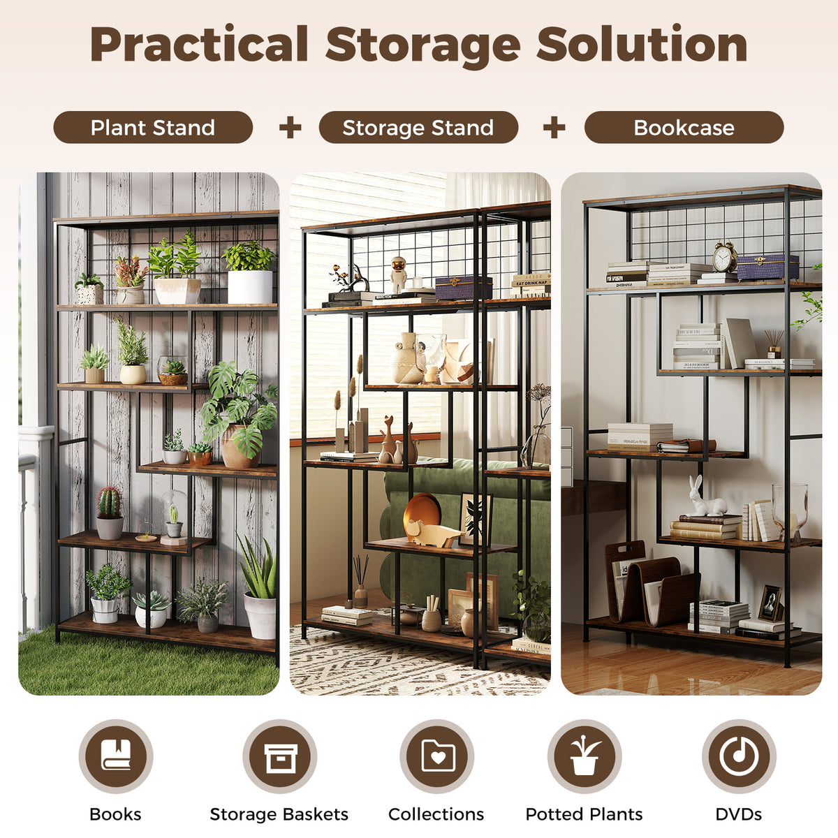 6-tier Tall Bookshelf, Industrial Freestanding Plant Stand with Metal Net