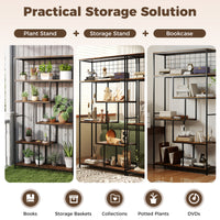 6-tier Tall Bookshelf, Industrial Freestanding Plant Stand with Metal Net