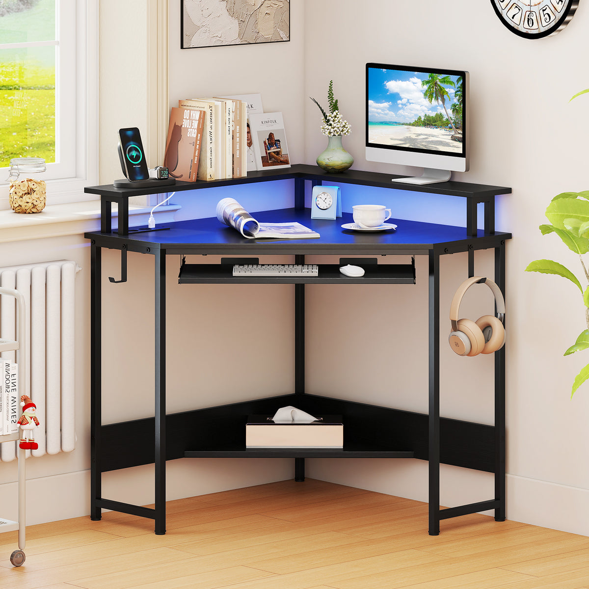 Corner Desk w/ Charging Station, Home Triangle Gaming Desk w/ LED