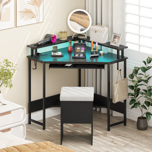 Corner Desk w/ Charging Station, Home Triangle Gaming Desk w/ LED