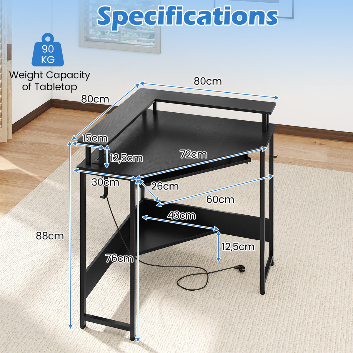 Corner Desk w/ Charging Station, Home Triangle Gaming Desk w/ LED