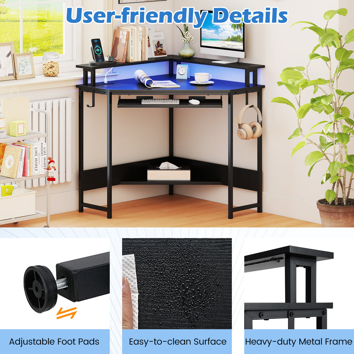 Corner Desk w/ Charging Station, Home Triangle Gaming Desk w/ LED