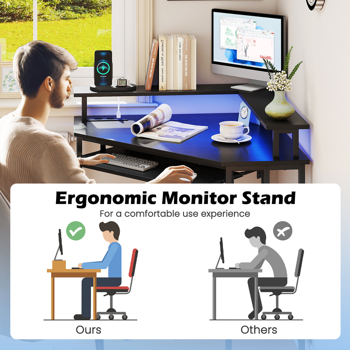 Corner Desk w/ Charging Station, Home Triangle Gaming Desk w/ LED