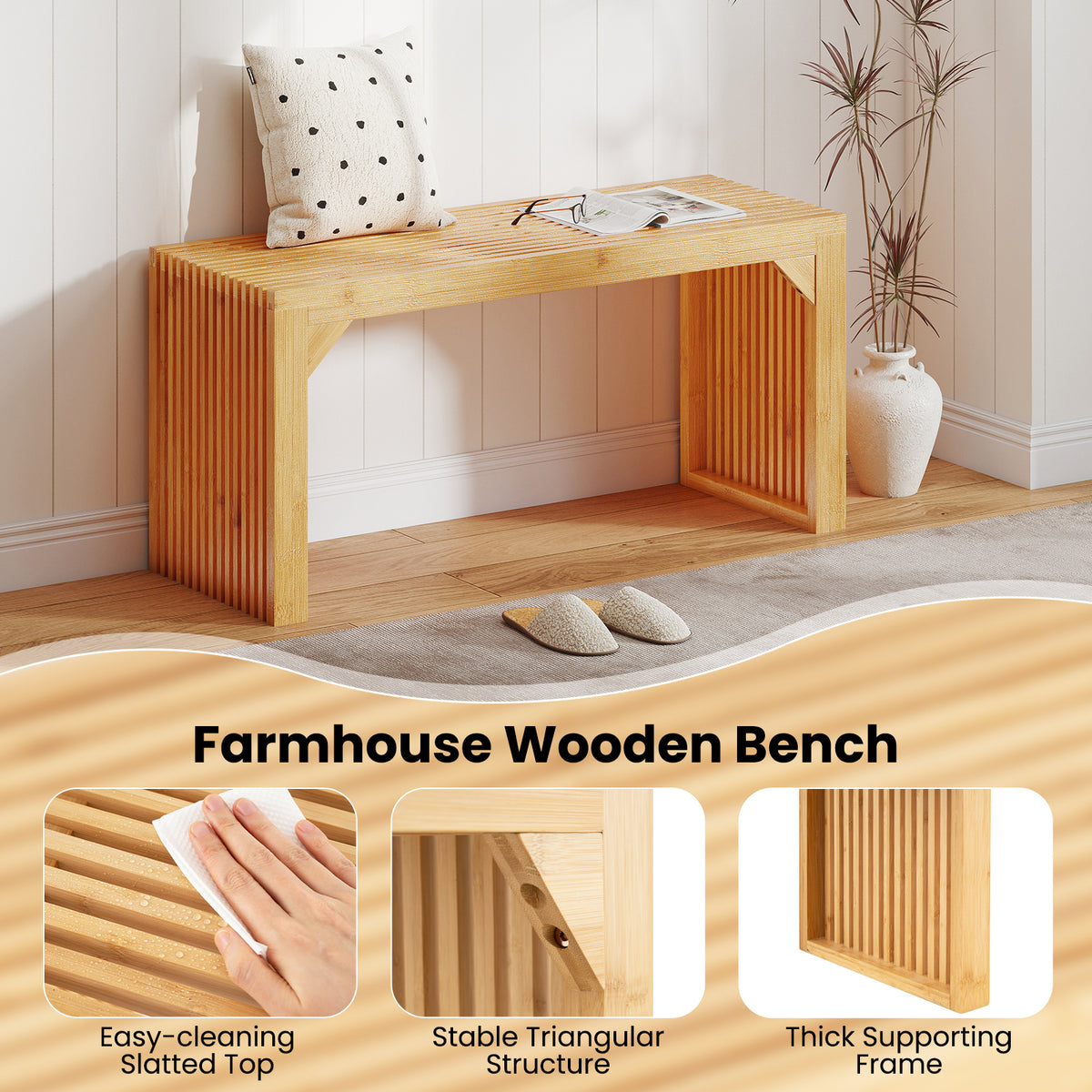 Bamboo Dining Bench, 90cm Long Entryway Bench