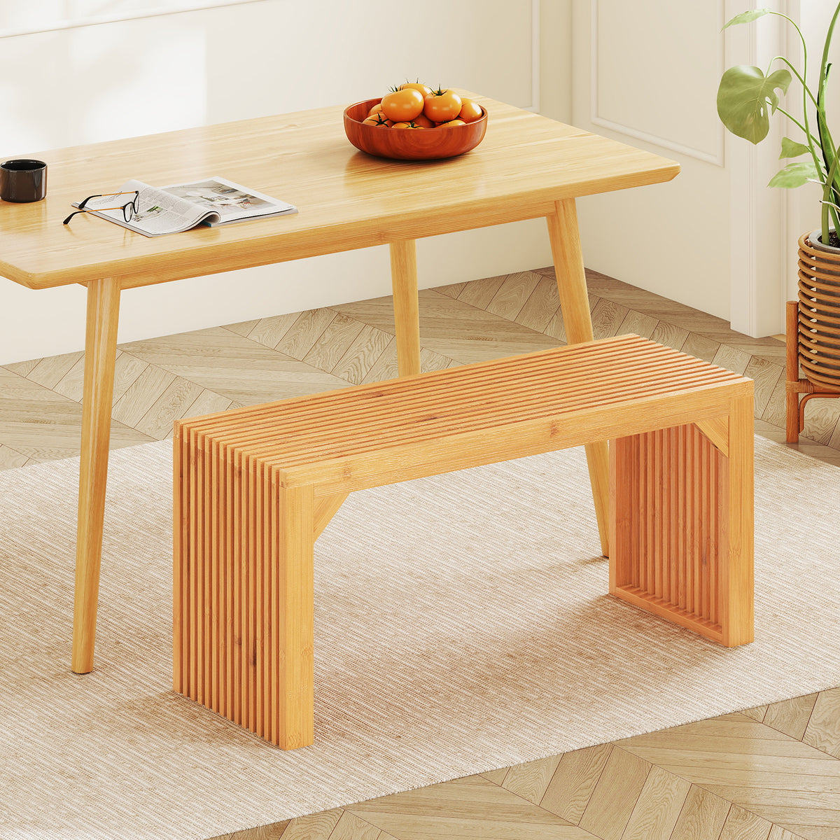 Bamboo Dining Bench, 90cm Long Entryway Bench