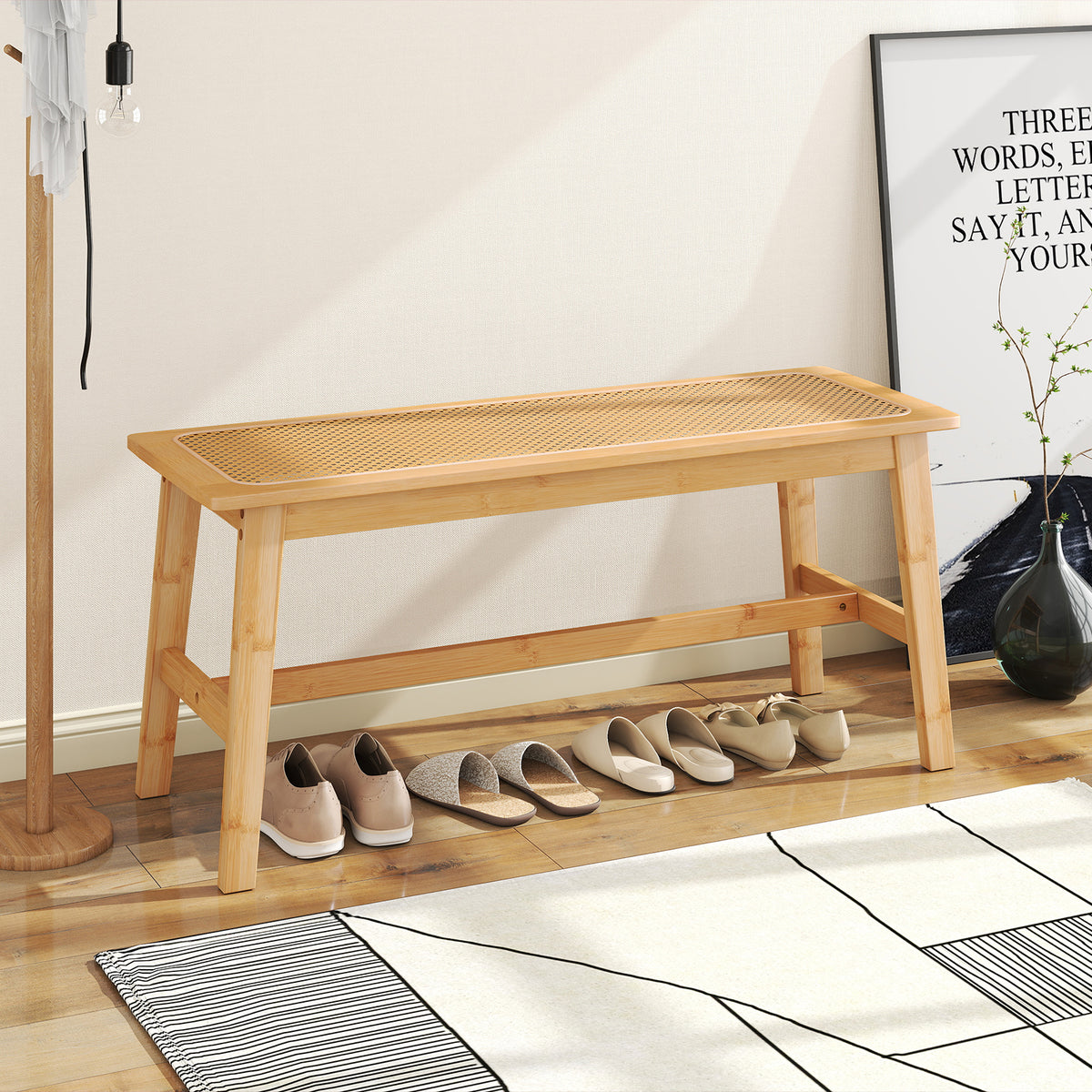 100cm Bamboo Dining Bench with Handwoven Rattan Seat