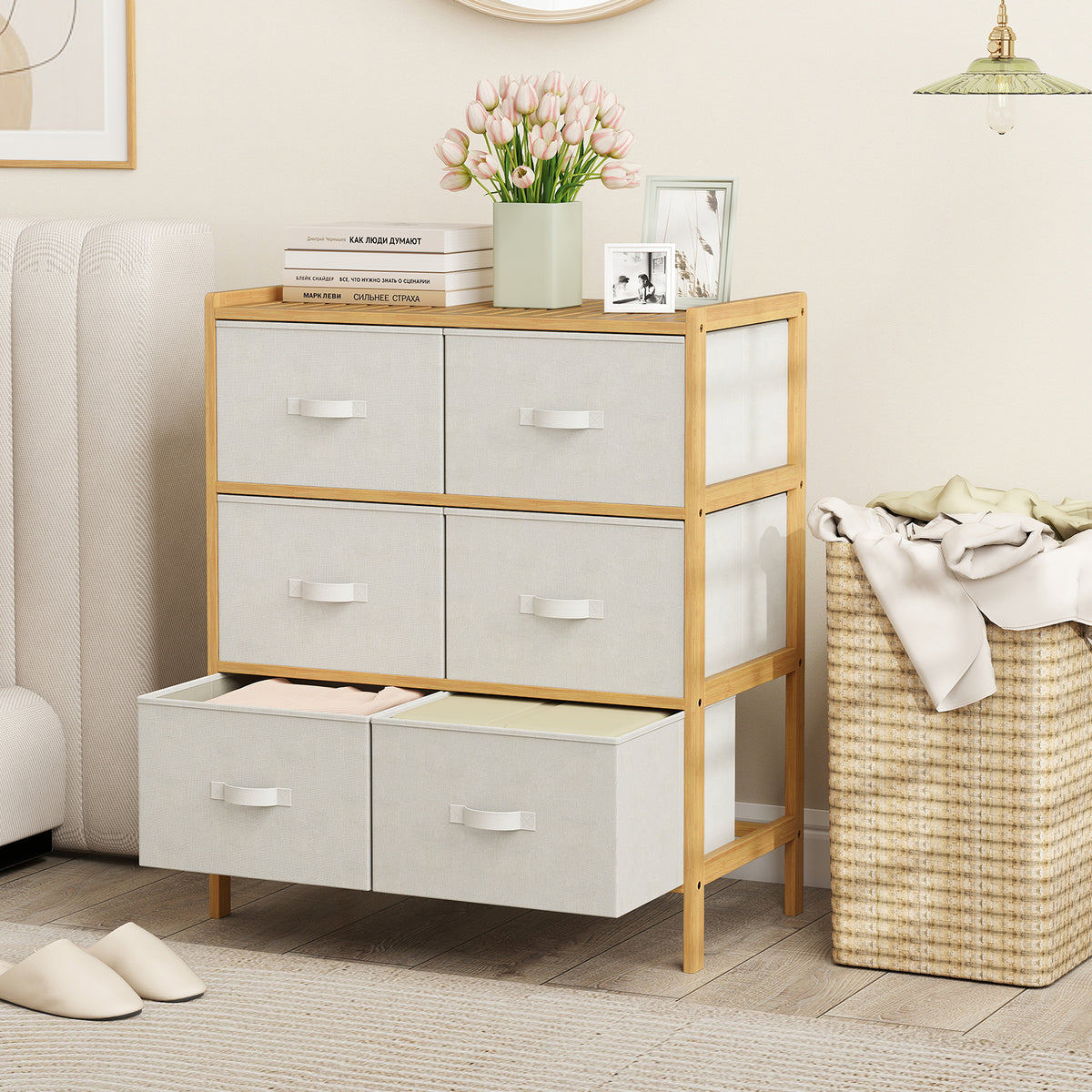 6-Drawer Dresser for Bedroom, Bamboo Storage Tower with 6 Foldable Fabric Drawers