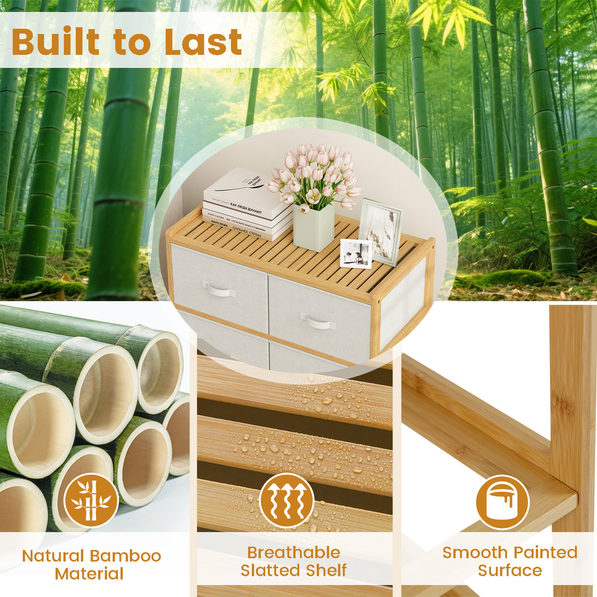 6-Drawer Dresser for Bedroom, Bamboo Storage Tower with 6 Foldable Fabric Drawers