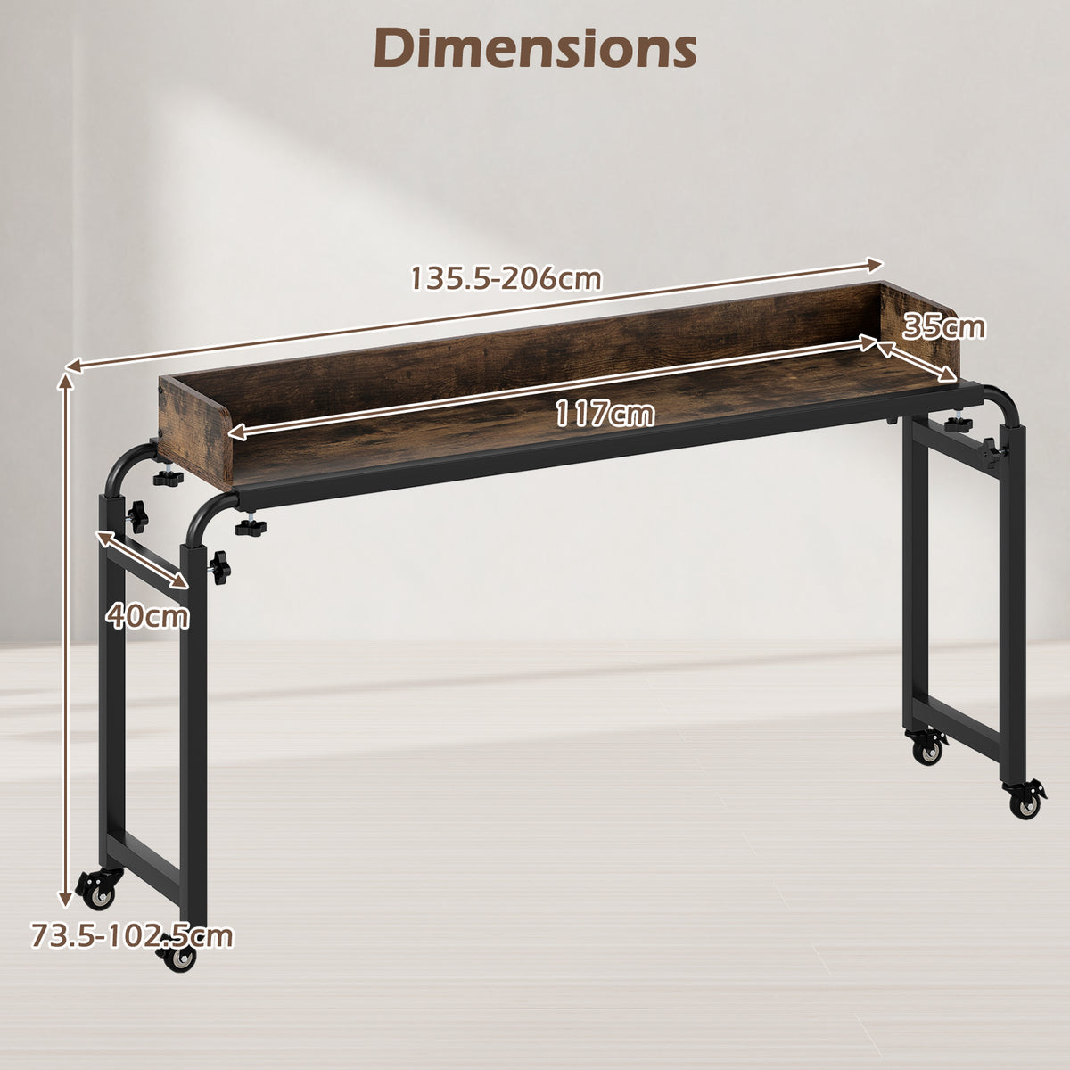 Queen Size Mobile Bed Desk with Adjustable Height and Length