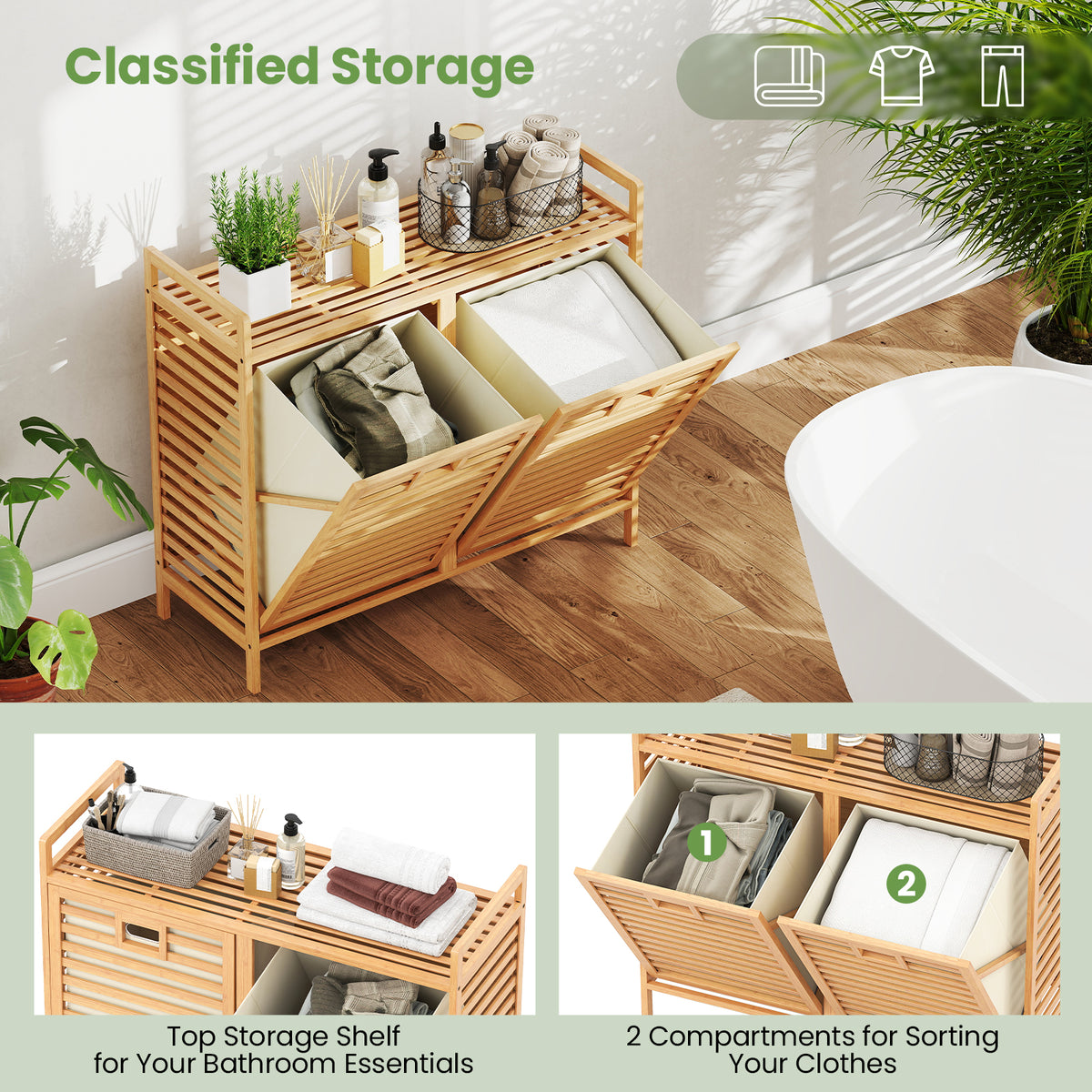 Double Tilt-out Laundry Hamper, Dual Laundry Basket Organizer with Top Shelf