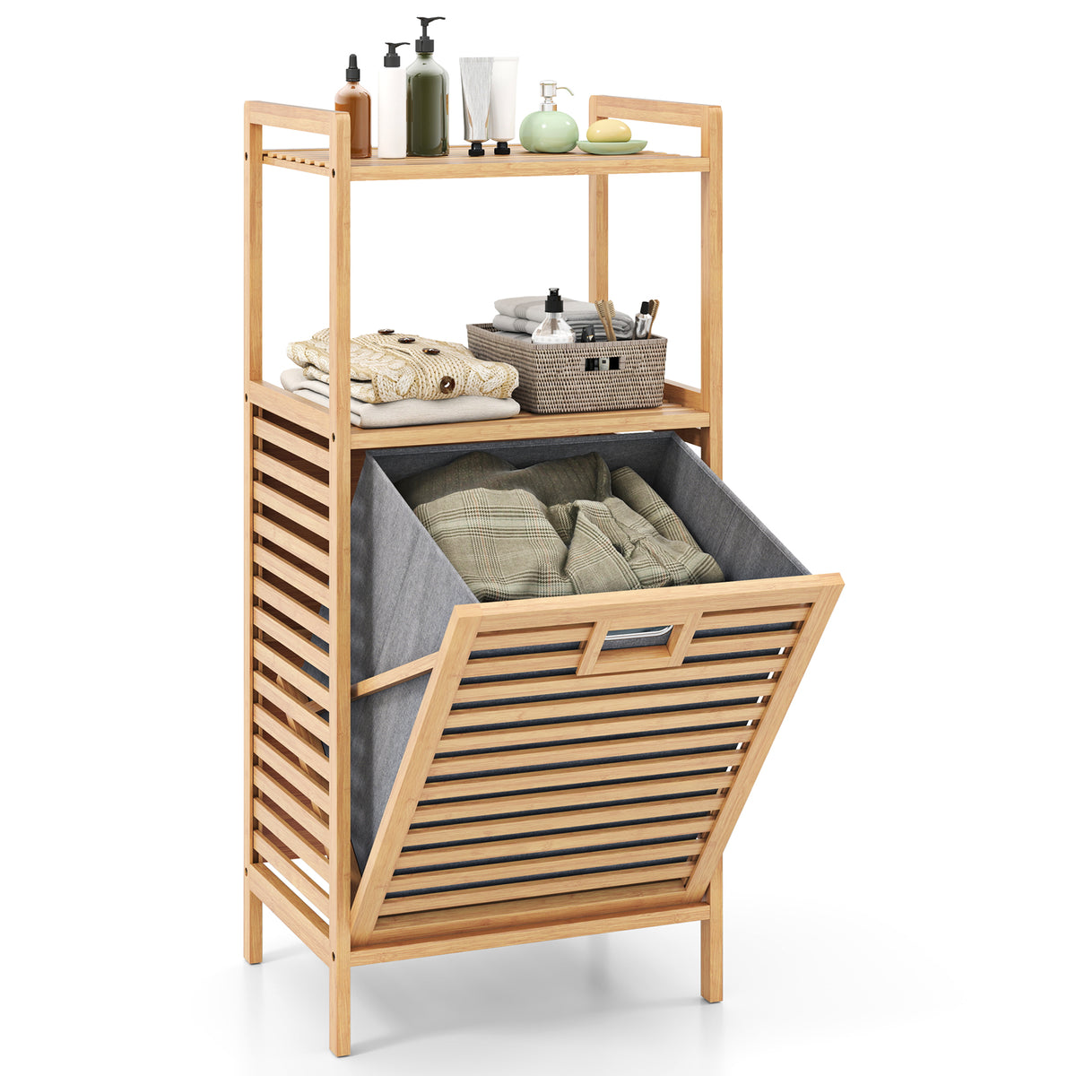 Giantex Tilt-out Laundry Hamper, Bamboo Wood Laundry Shelf Cabinet, Space-saving Laundry Hamper