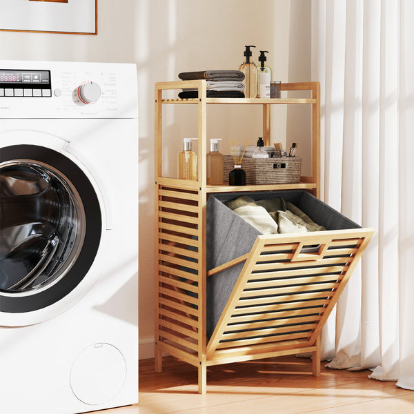 Giantex Tilt-out Laundry Hamper, Bamboo Wood Laundry Shelf Cabinet, Space-saving Laundry Hamper