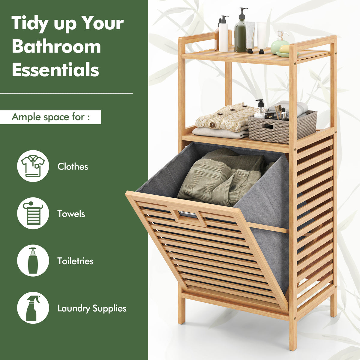 Giantex Tilt-out Laundry Hamper, Bamboo Wood Laundry Shelf Cabinet, Space-saving Laundry Hamper