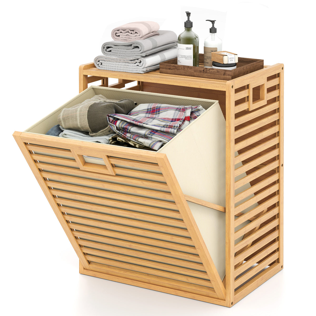Large Tilt-out Laundry Hamper, Bamboo Laundry Cabinet Organizer with Wide Top & Tilt-out Basket