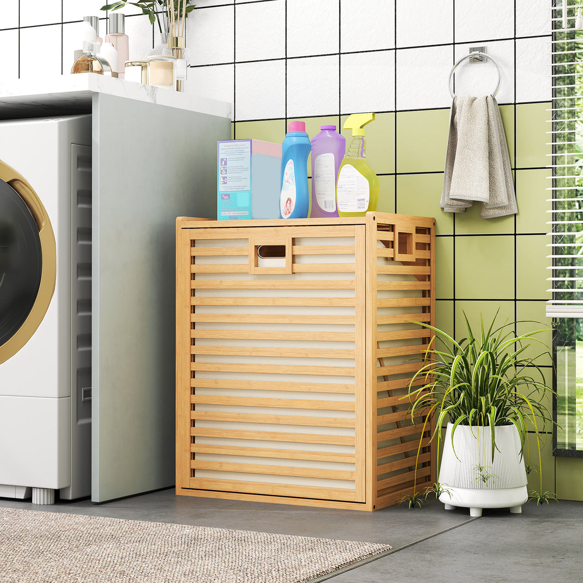Large Tilt-out Laundry Hamper, Bamboo Laundry Cabinet Organizer with Wide Top & Tilt-out Basket