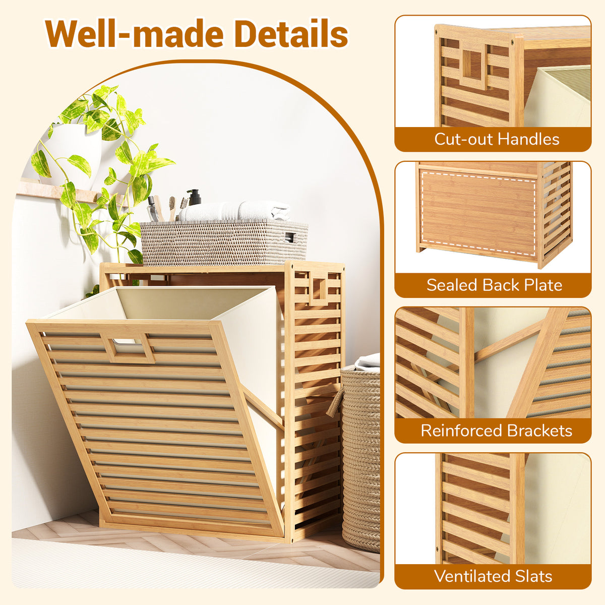 Large Tilt-out Laundry Hamper, Bamboo Laundry Cabinet Organizer with Wide Top & Tilt-out Basket