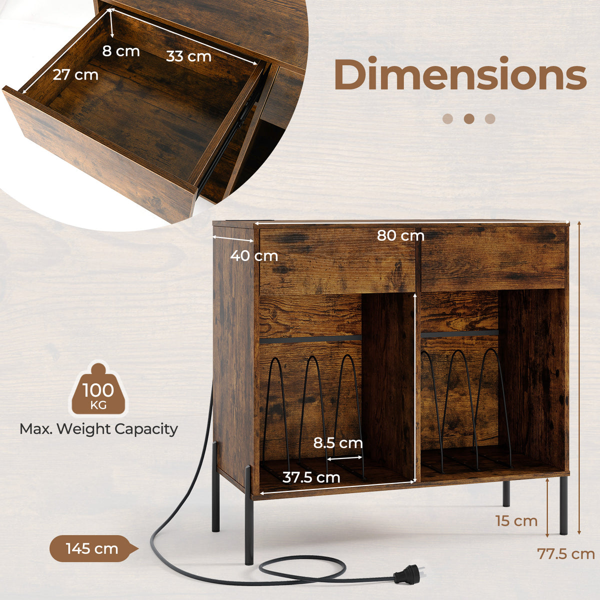 Record Player Stand w/ Power Outlets Vinyl Record Storage Turntable Display