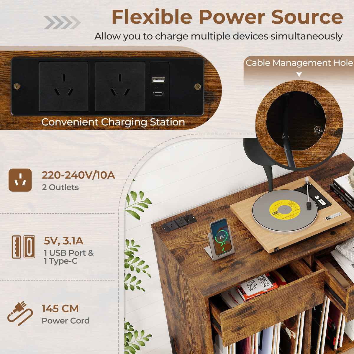 Record Player Stand w/ Power Outlets Vinyl Record Storage Turntable Display