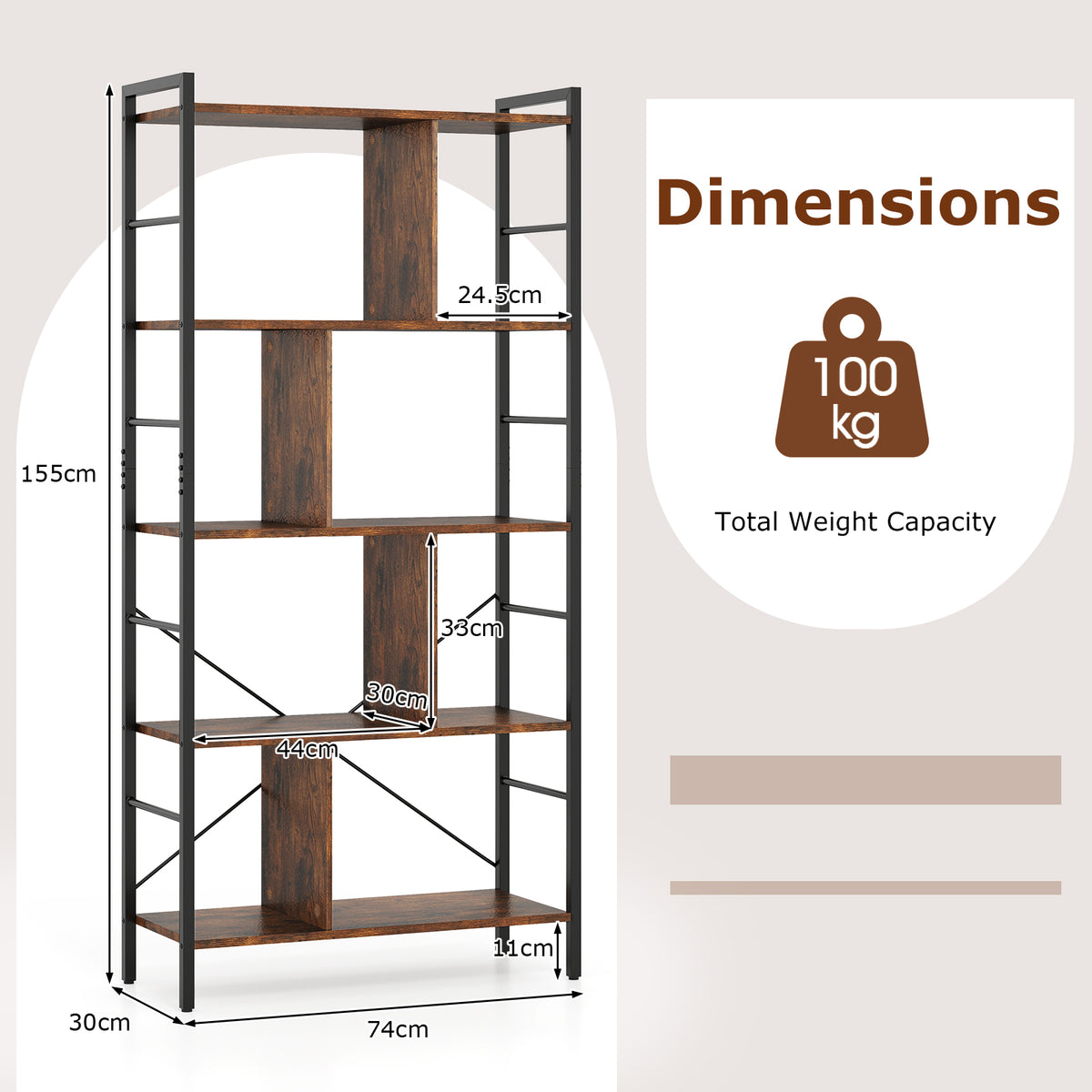 Giantex 5-Tier Bookshelf, Industrial Style Bookcase with Metal Frame, Free Standing Storage Display Shelves