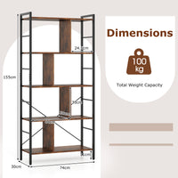 Giantex 5-Tier Bookshelf, Industrial Style Bookcase with Metal Frame, Free Standing Storage Display Shelves