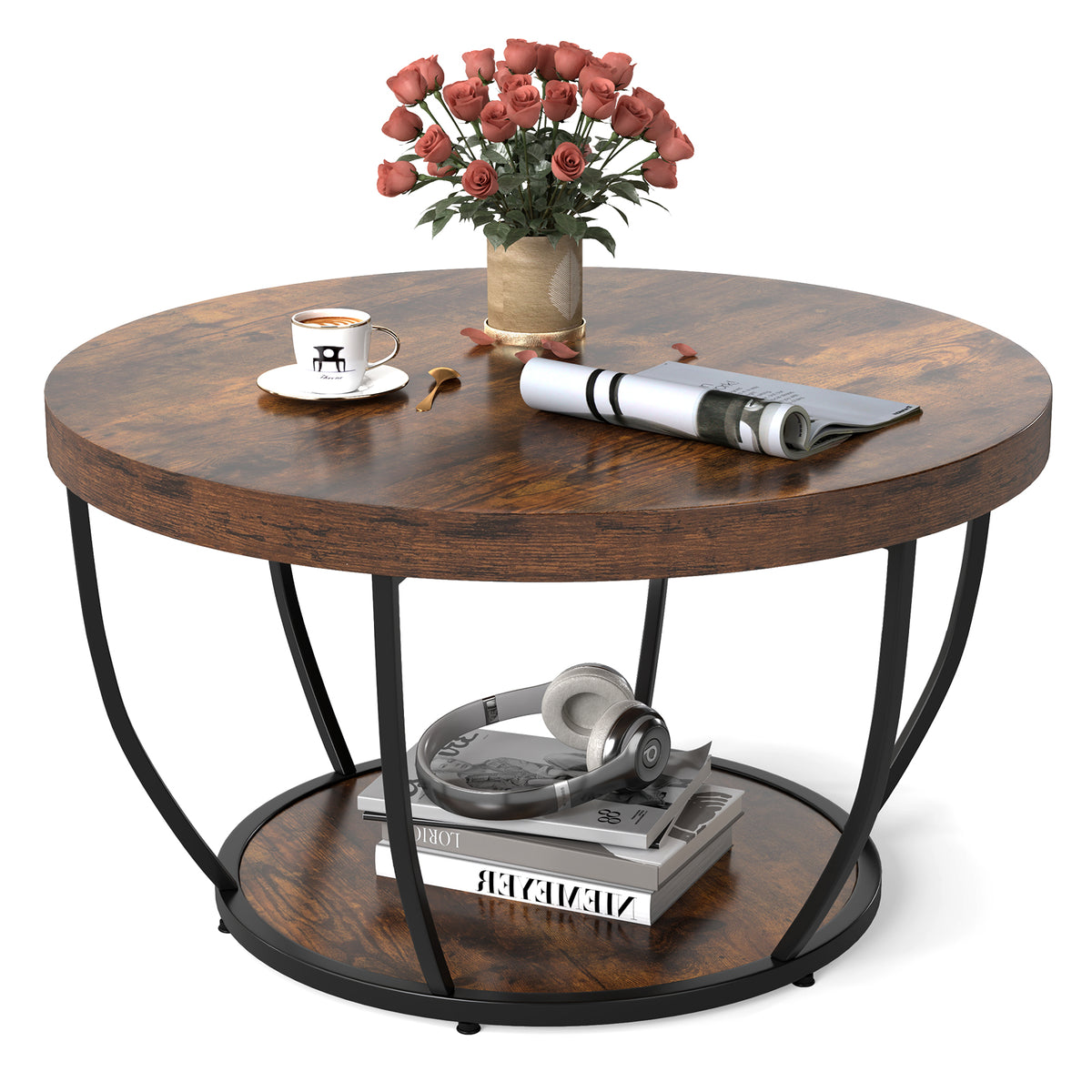 2-Tier Round Coffee Table w/Storage