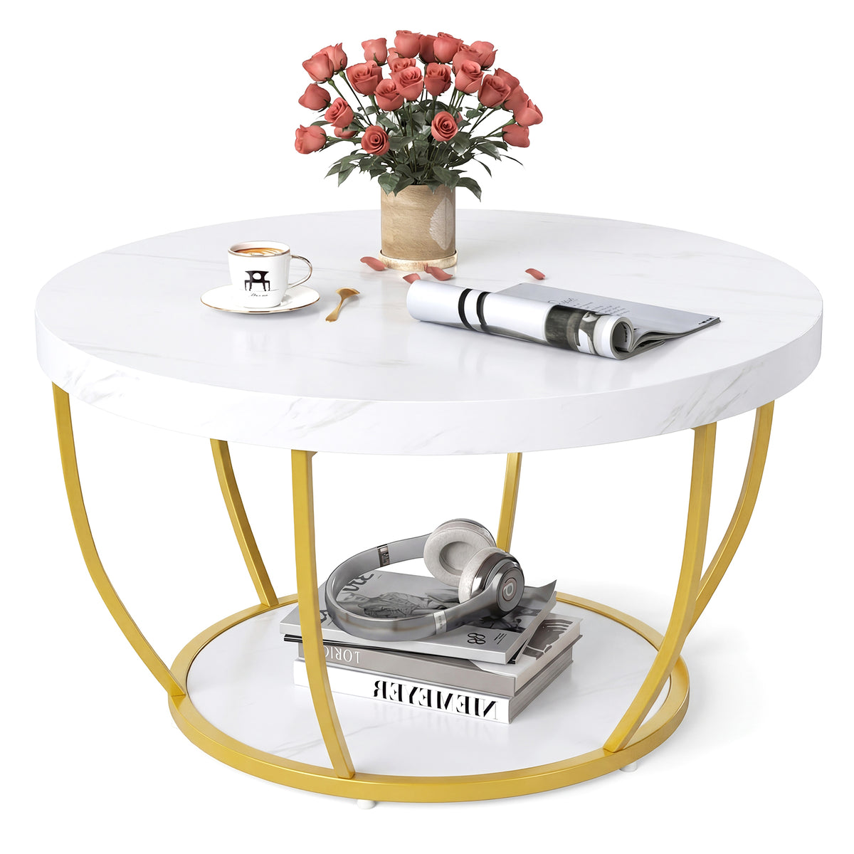 2-Tier Round Coffee Table w/Storage