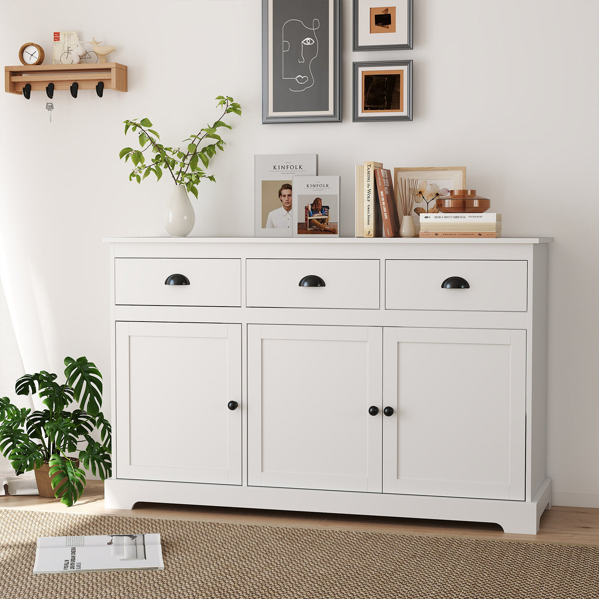 Modern Buffet Sideboard, 1.4m Storage Cabinet with 3 Drawers, 3 Doors & 2 Adjustable Shelves