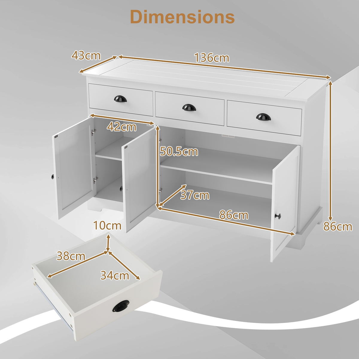 Modern Buffet Sideboard, 1.4m Storage Cabinet with 3 Drawers, 3 Doors & 2 Adjustable Shelves