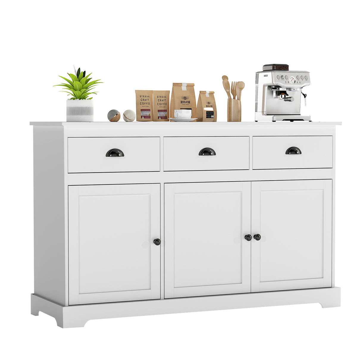 Modern Buffet Sideboard, 1.4m Storage Cabinet with 3 Drawers, 3 Doors & 2 Adjustable Shelves