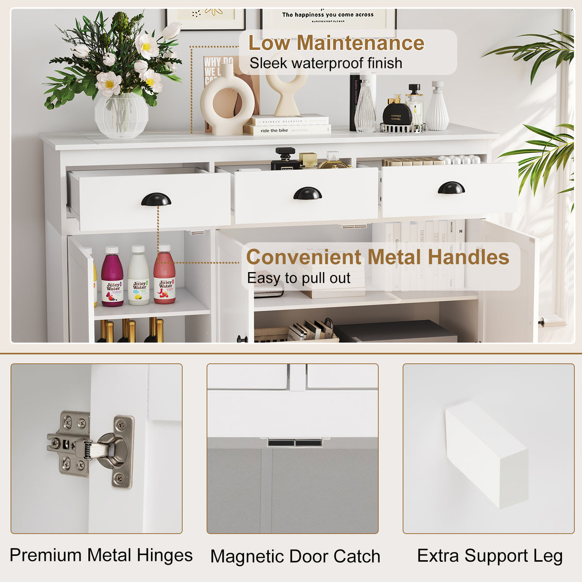 Modern Buffet Sideboard, 1.4m Storage Cabinet with 3 Drawers, 3 Doors & 2 Adjustable Shelves