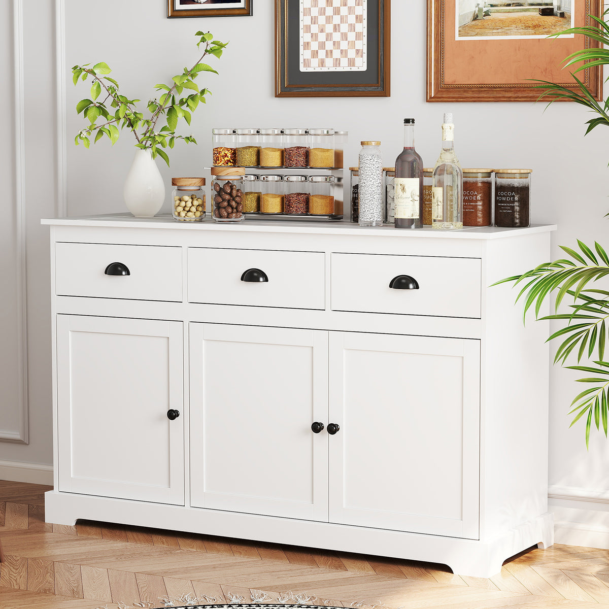 Modern Buffet Sideboard, 1.4m Storage Cabinet with 3 Drawers, 3 Doors & 2 Adjustable Shelves