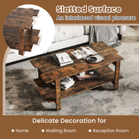 2-Tier Coffee Table, Slatted Wood Center Table with Storage Shelf