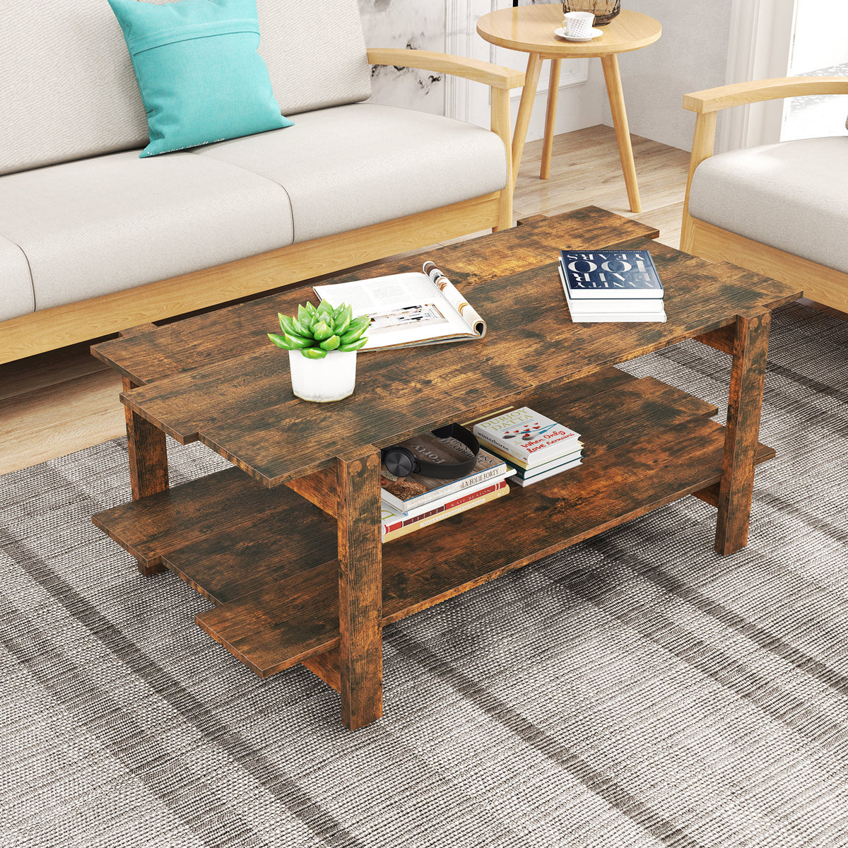 2-Tier Coffee Table, Slatted Wood Center Table with Storage Shelf