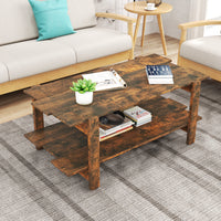 2-Tier Coffee Table, Slatted Wood Center Table with Storage Shelf