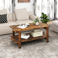 2-Tier Coffee Table, Slatted Wood Center Table with Storage Shelf
