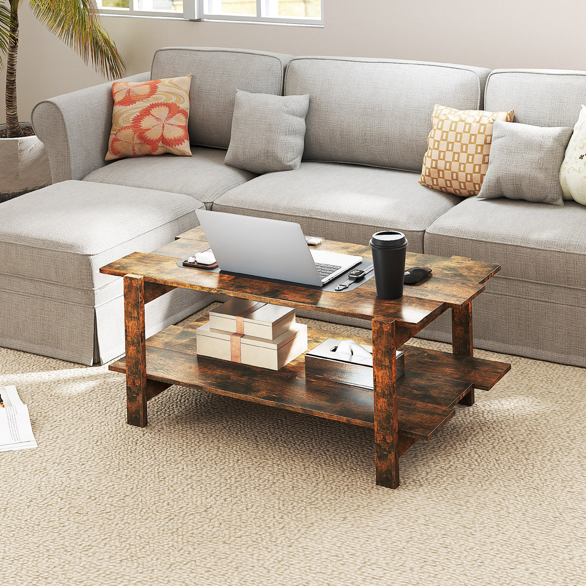 2-Tier Coffee Table, Slatted Wood Center Table with Storage Shelf