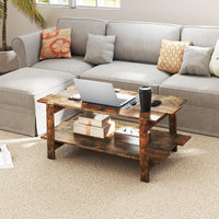 2-Tier Coffee Table, Slatted Wood Center Table with Storage Shelf
