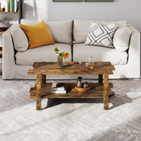 2-Tier Coffee Table, Slatted Wood Center Table with Storage Shelf