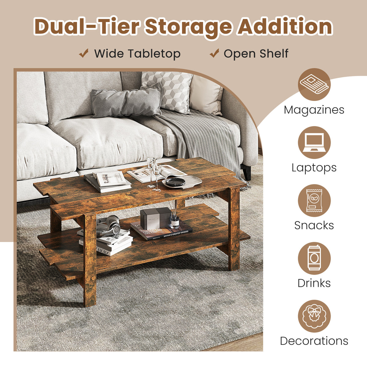 2-Tier Coffee Table, Slatted Wood Center Table with Storage Shelf