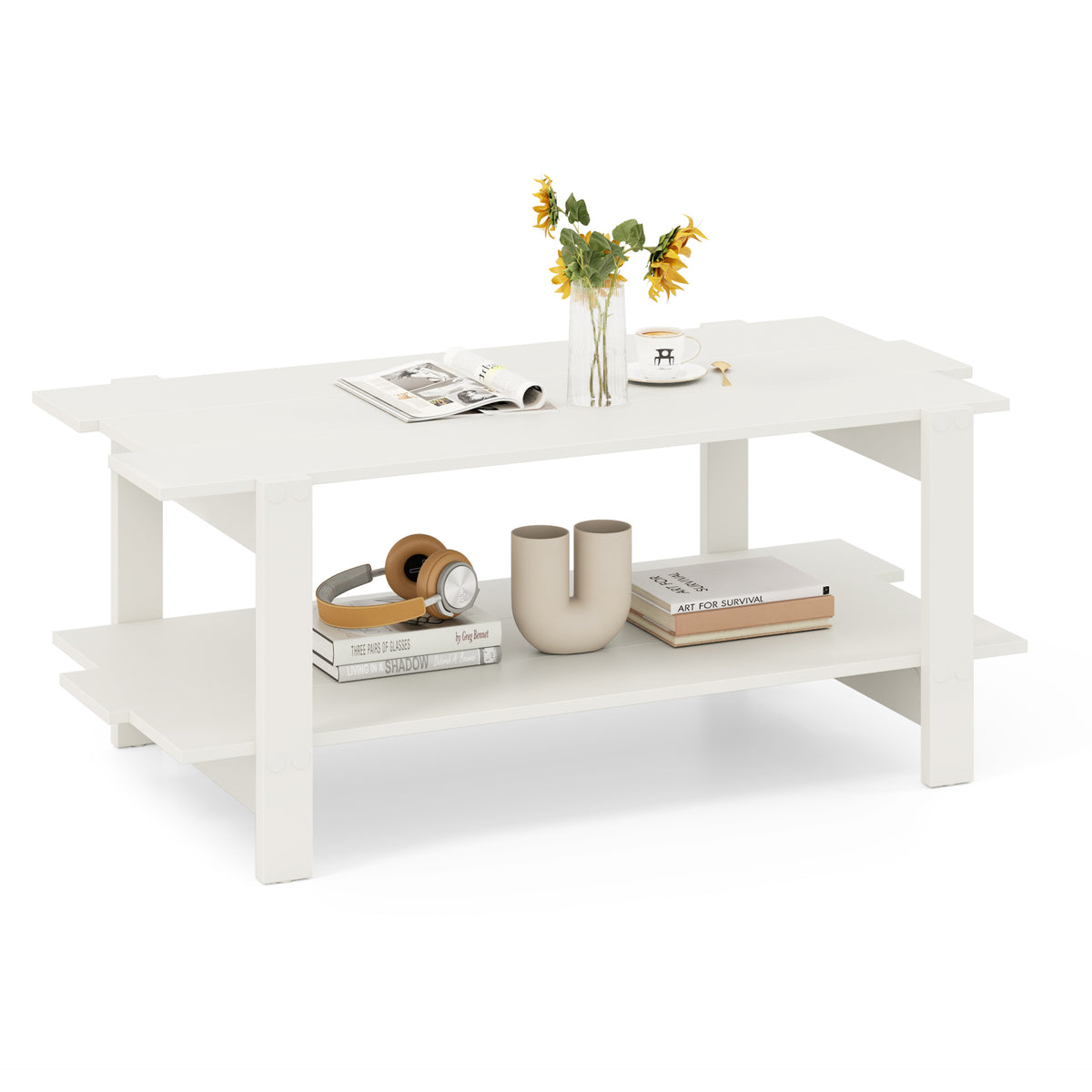 2-Tier Coffee Table, Slatted Wood Center Table with Storage Shelf