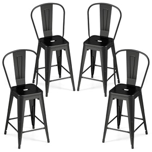 Metal Bar Stools Set of 4, 62 cm Counter Height Barstools with Backrests and Footrests