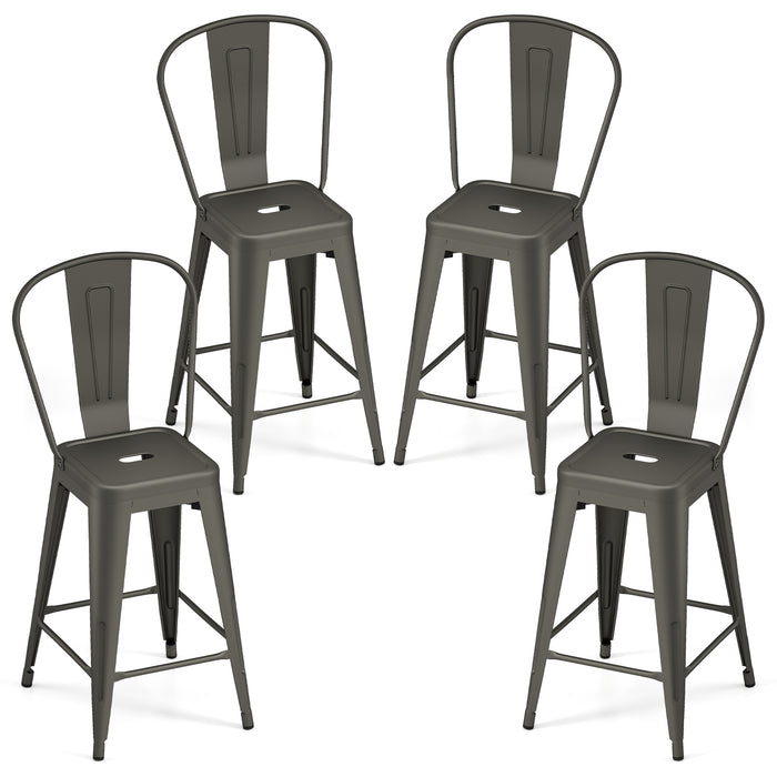 Metal Bar Stools Set of 4, 62 cm Counter Height Barstools with Backrests and Footrests