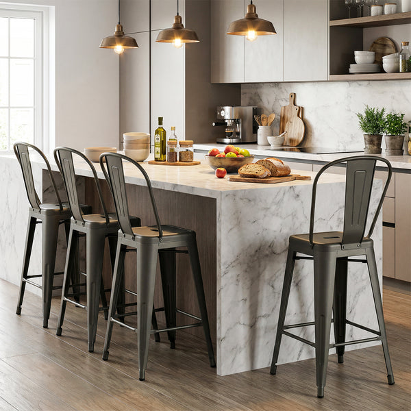 Metal Bar Stools Set of 4, 62 cm Counter Height Barstools with Backrests and Footrests