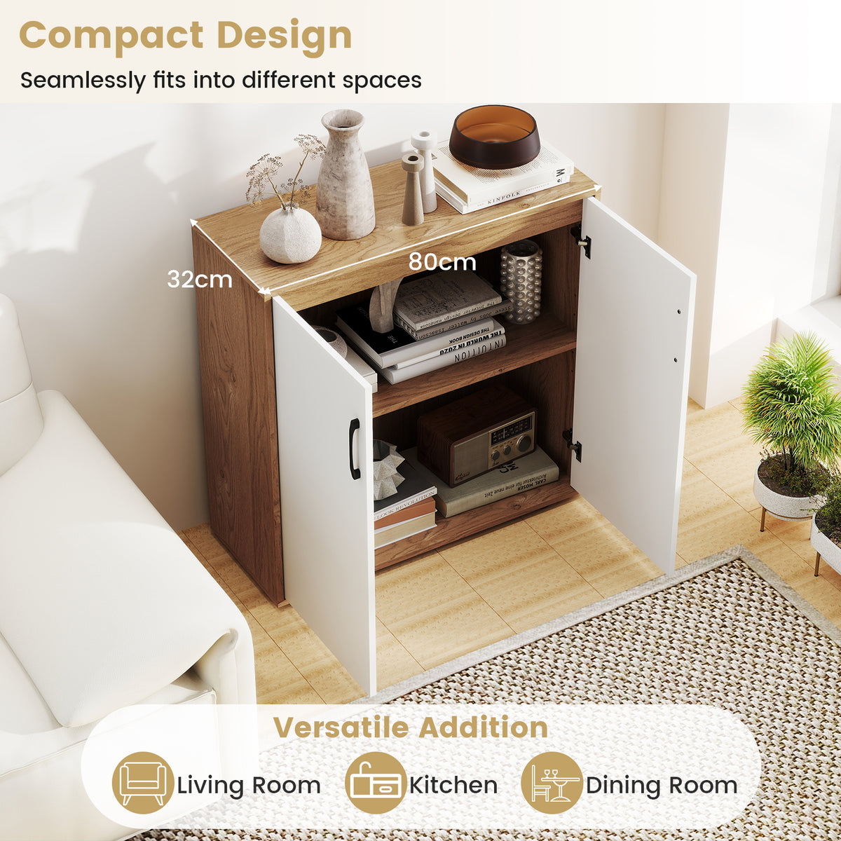 2-Door Storage Cabinet, Credenza Buffet Cabinet with 5-Postition Adjustable Shelf
