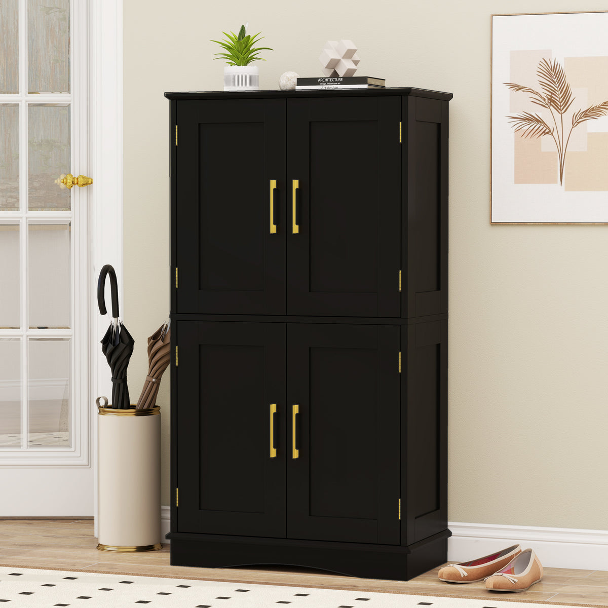 110 cm Freestanding Pantry Cabinet with 4 Doors and 2 Adjustable Shelves