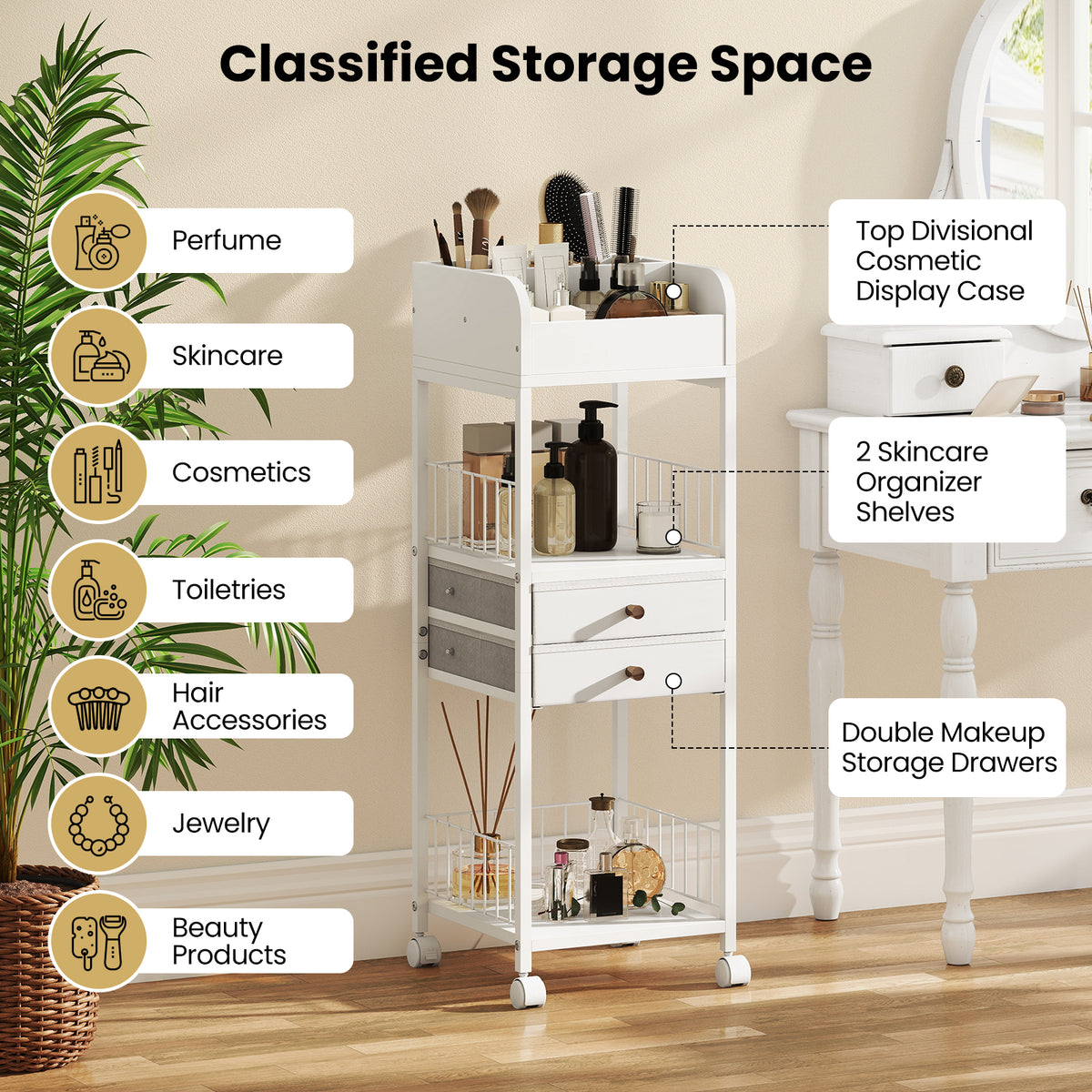 Makeup Organizer, Floor Skincare Organizer Cart with Drawers & Storage Shelves