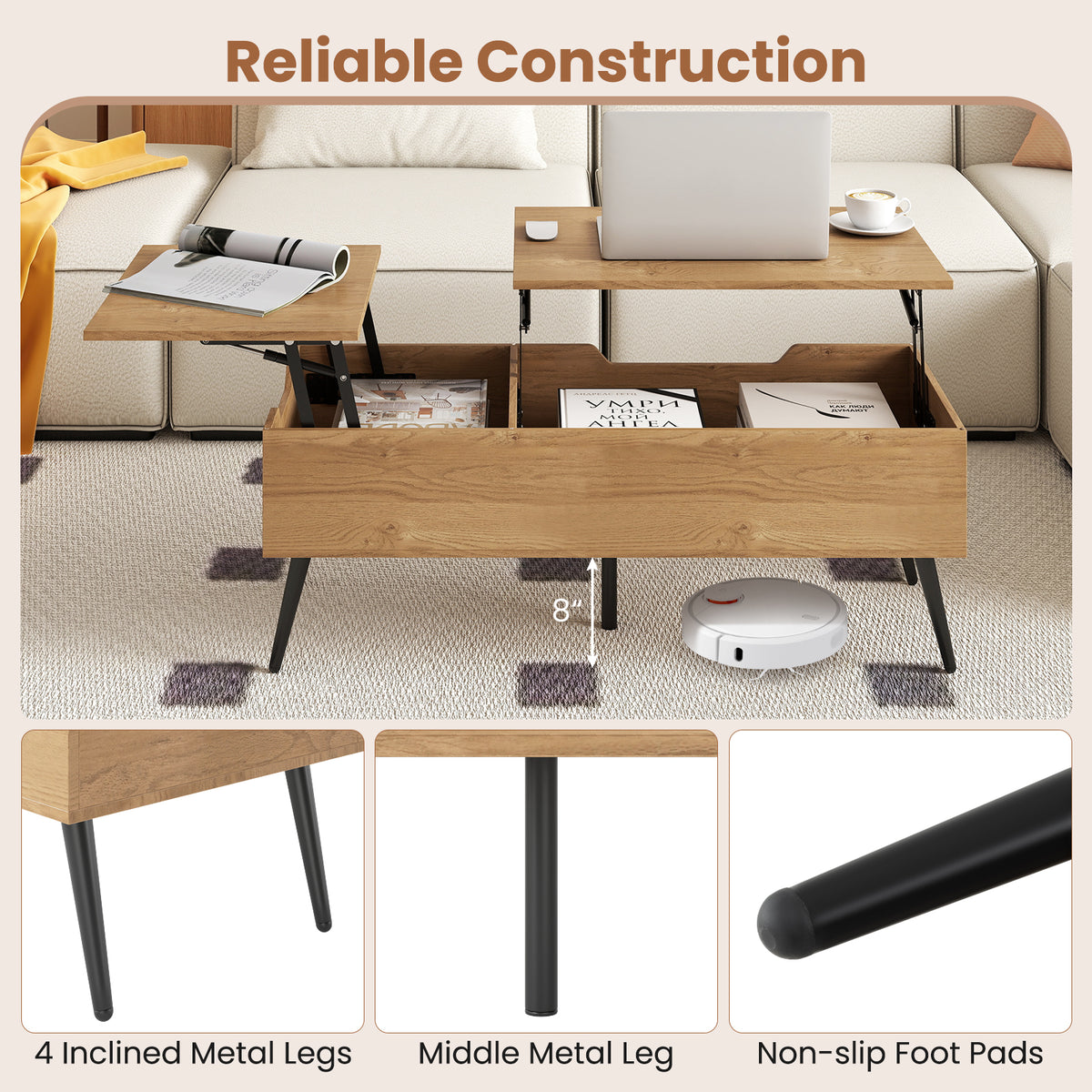 Heavy-Duty Metal Frame Tea Table Center Table w/Hidden Compartments
