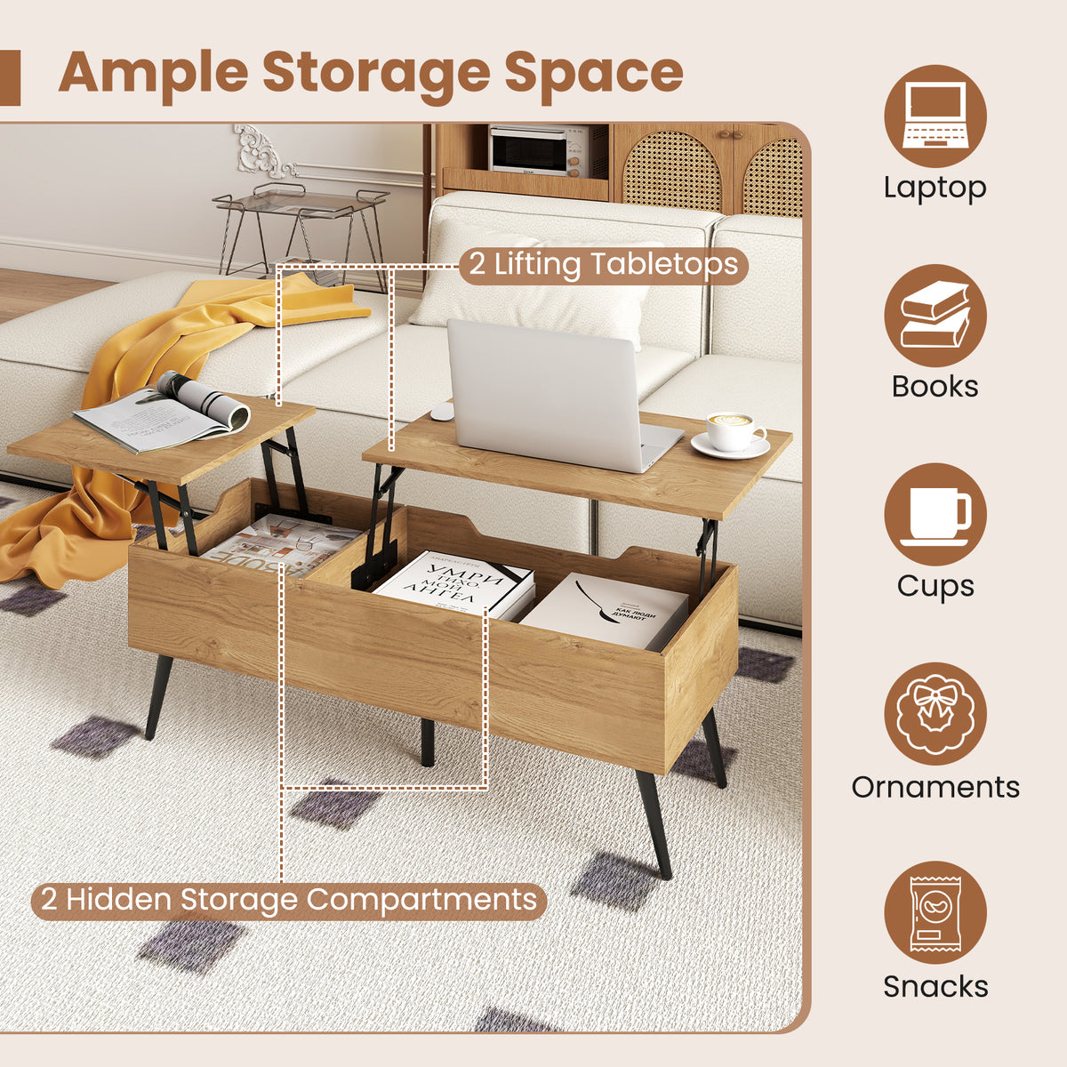 Heavy-Duty Metal Frame Tea Table Center Table w/Hidden Compartments